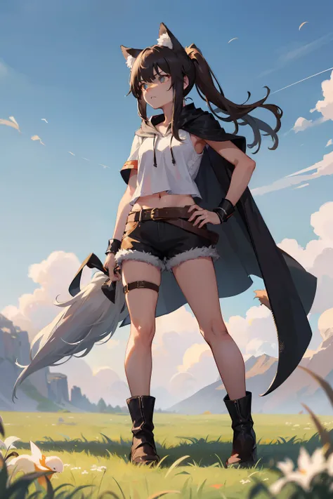 Wolf Girl
Master works，8K分辨率，depth of fields，Faraway view，Full body shot，Full Body Photo，(exquisite facial features)，s the perfect face，Glowing skin，Kizi，16 yaers old，Wolf ears，Heterochromic pupils，Hair over the shoulder，Brown hair，slanted bangs，Split pony...