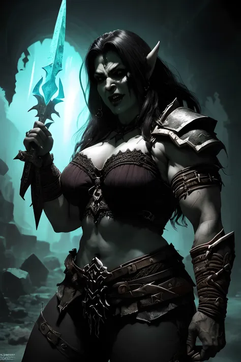 (papel de parede 8k extremamente detalhado), An average photo of a fearsome beautiful female Orc necromancer, intrincado, alto detalhe, Dramatic