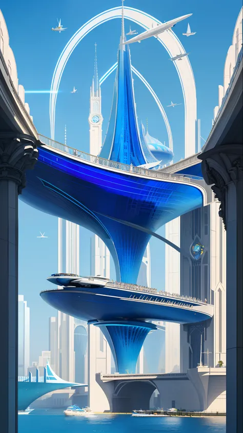 Aerial view, Architectural city stacked on giant towers and rings，There are many arches and a sci-fi glass cathedral with flying buttresses,   Blue stained glass, Many boats and boats, A matte painting by James Gurney, trending on CGSociety, Supersaturatio...