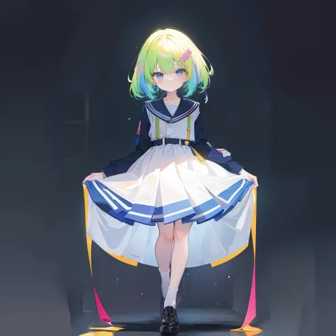 coloured with lots of colour,Beautiful and cute hair with fluorescent hair，Wearing the uniform of JK for Korean high school girls，pleatedskirt，It is a cute and cute little loli