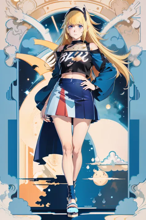 animemanga girl，Vertical painting on the front，Frontal whole body，Hands naturally droop，frontage，Bikini top，Superskirt，sandals，Sky blue clothes