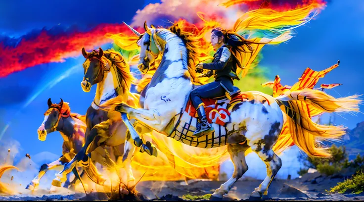 8horses，Ultra-grand scenes，super wide shot，1#cavalos，The first is the Light Casting Pegasus from the Supreme Heaven, which has a rainbow aperture from the Supreme Heaven，She rides between light and pure，No additional ornaments are needed to highlight her d...