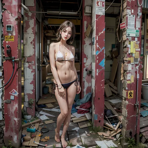 Abandoned construction sites，Dilapidated，Devastated，Sexy standing pose，Full body portrait 1.1，18 years old girls，Random white transparent small bikini 0.2，lean and slender body，As thin as a whipping post，Skinny，Fair and clean skin，The barefoot，Random nudit...