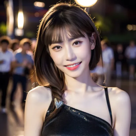 ((Best quality, 8k, Masterpiece :1.3)), 1girl, smiling, full body, slim face, Pretty woman, (Dark brown hair), full length dress :1.1, Ultra-detailed face, Detailed eyes, Double eyelid, blur background, slim face, city, outside, street, Japanese