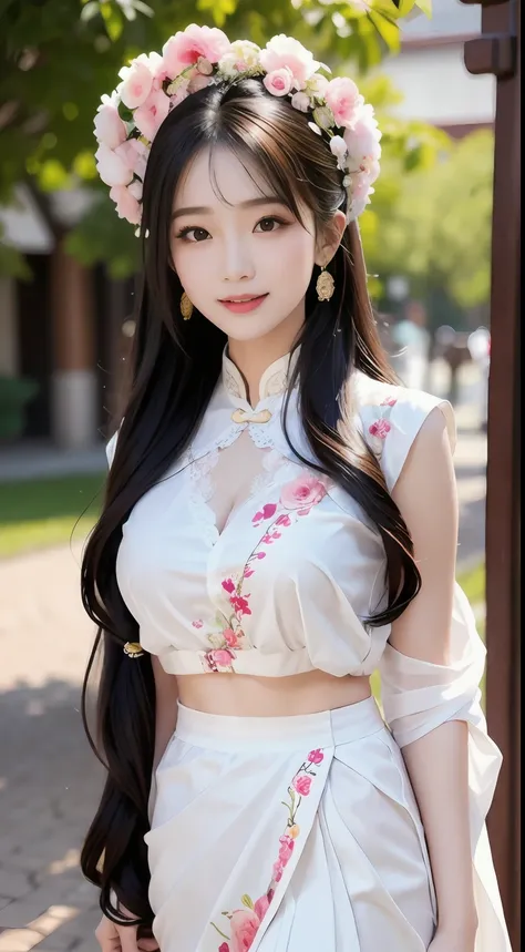 8K, hyper-high detail, a big breast chinese girl, Cute face, cheerfulness, Long hair, Impressive hairstyle, Detailed eyes, Detailed lips, Chinese outfit, Horse face skirt，saree, White sari, Lace, wearing jewellery, Nature background, Flowers, mid afternoon...