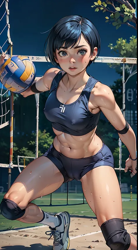 (masterpiece, 4k ,ultra detailed:1.2),(beautiful face:1.2),(anime:1.2),illustration,(solo:1.2),(looking at viewer:1.4),(supermodel:1.3),(volleyball athlete:1.4),(volleyball uniform:1.4),(bike shorts:1.4),(volleyball:1.5),(sweaty skin:1.3),(blue hair),(bang...