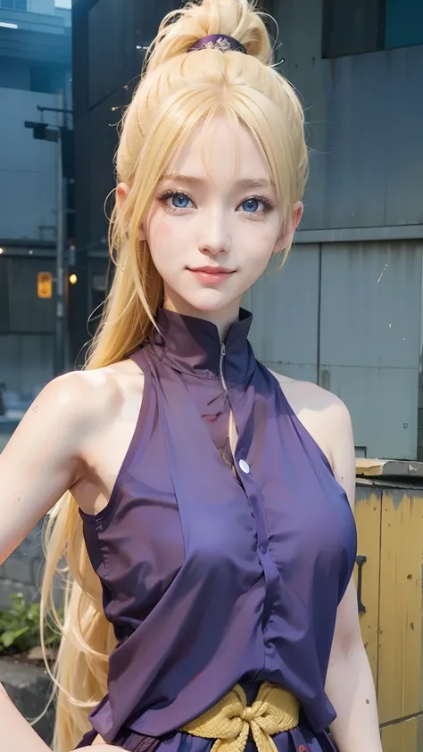 1girl, yamanaka ino, long hair, sexy dress, yellow hair, blue eyes, smile, beautiful, purple clothes, very big breast, sexy clothes, outdoor background, ultra detail, realistic