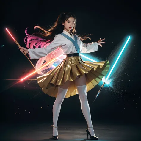 (full body:1.5)，(1girl:1.3),(view the viewer:1.4)，(anatomy correct:1.45),(Dancing on high mountain peaks:1.3),(very thick printed pantyhose:1.4),( A woman Wear printed fantasy Star Wars Set JK student uniform pleated skirt and uniform pointed high-heeled l...