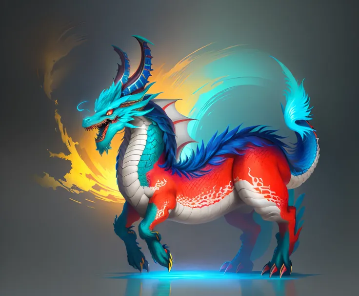 Brightly colored horses with a long tail and a tail with a long tail...., Mythical Creatures, chinese dragon concept art, smooth chinese dragon, cyan chinese dragon fantasy, Mythical Creatures, Fantasy Creatures, Rainbow Fluffy Dragon, Digital paintings of...