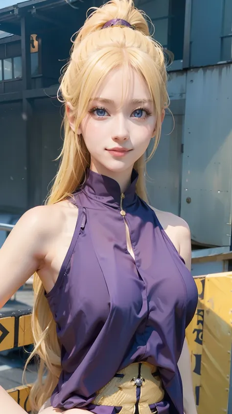 1girl, yamanaka ino, long hair, sexy dress, yellow hair, blue eyes, smile, beautiful, purple clothes, very big breast, sexy clothes, outdoor background, ultra detail, realistic