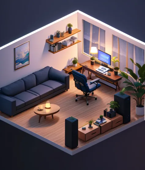 arafed view of a living room with a couch, Table, and a tv, isometric 8k, Isometric style, detailed ambient lighting, ambient lighting from top, personal room background, isometric 3d render, gentle ambient lighting, cozy home background, ambient lighting ...