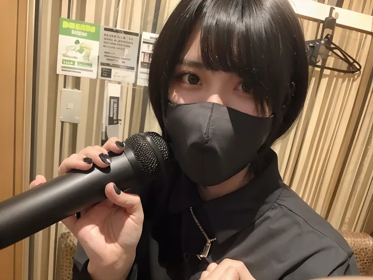 Woman with black hair and mask holding microphone, wearing all black mempo mask, With short hair, Sassy, sui ishida with black hair, Vocal, captured on canon eos r 6, taken with sony alpha 9, vocalist, shikamimi, No face mask