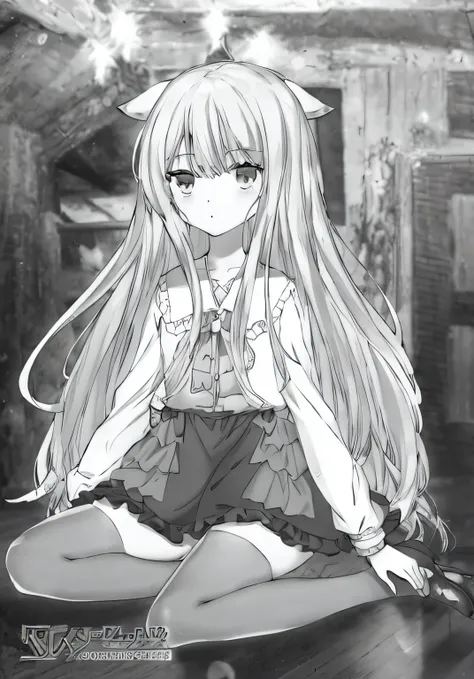 anime girl sitting on the floor，with a knife in his hand, holo is a wolf girl, anime girl with long hair, black and white manga ...