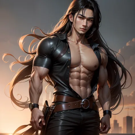 Realistic looking handsome, K-pop looking Asian long hair, looking front, whole body with muscles very handsome, tall, slender with muscles, hair color black with with highlights, taller 6feet,