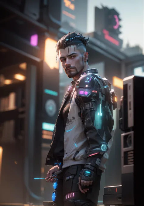 ((Best Quality)), ((Masterpiece)), (Very Detailed:1.3), 3D, Beautiful (Cyberpunk:1.3) Male hacker, Mohican hairstyle, kneeling on the ground, thick hair, operating computer terminals, head-mounted displays, computer servers, LCD screens, fiber optic cables...