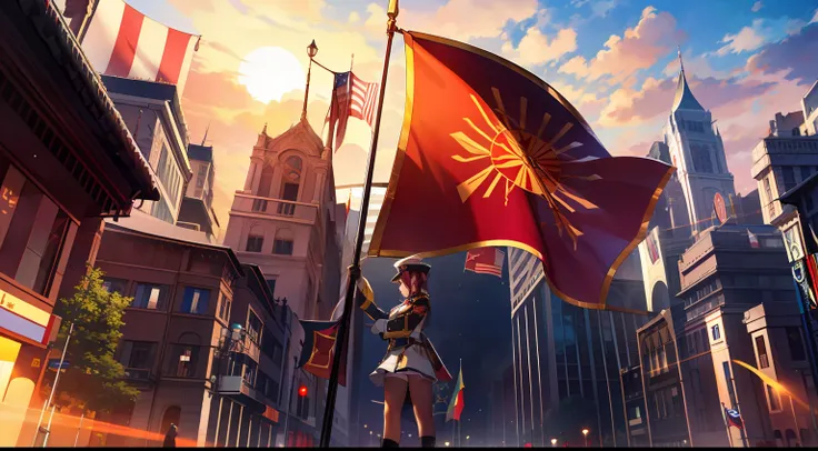 (Cinematic quality)，(Complicated details)，(Ascending Sun Empire)，(Red alert)，A bustling capital，Spectacular city，The flag is raised，future era