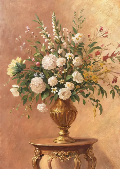 Draw a vase on the table，The background is the wall, vases, elegant flowers, ornate floral, Elegant composition, Bouquet, vase with flowers, gilded. Floral, floral renewal, Elegant scene, Still life with flowers, inspired by François Boquet, i dream of a v...