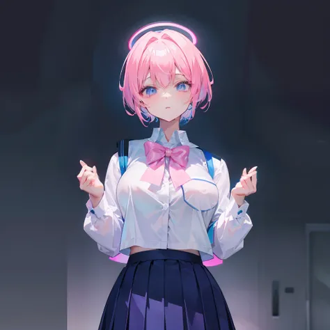 Short hair with a pink gradient blue glowing with fluorescence，Breast enlargement and thin waist are very sexy，Wearing a Korean high school uniform for female high school students and a pleated skirt, she is fluorescent，Clothes are not exposed，This is a cu...