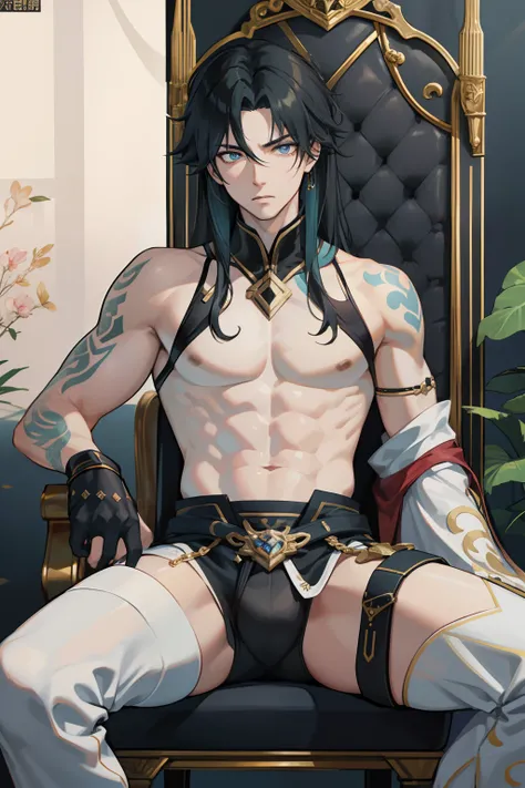 （absurderes，A high resolution，Hyper-detailing，hdr），younge boy，tmasterpiece，best qualtiy，1人，独奏，Handsome，Golden eyes，Fine eyes and detailed face，Tattooed with，arma，seated on a throne，Indifferent and arrogant，Abs，chest muscle，Raised sexy，Ruffian，Show your tem...