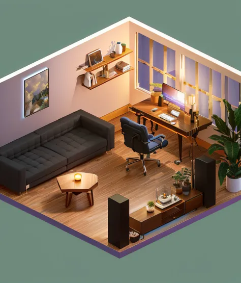 arafed view of a living room with a couch, Table, and a chair, isometric 8k, Isometric style, isometric 3d render, cozy home background, Isometric art, isometric game art, stylized 3d render, prerendered isometric graphics, personal room background, cozy l...