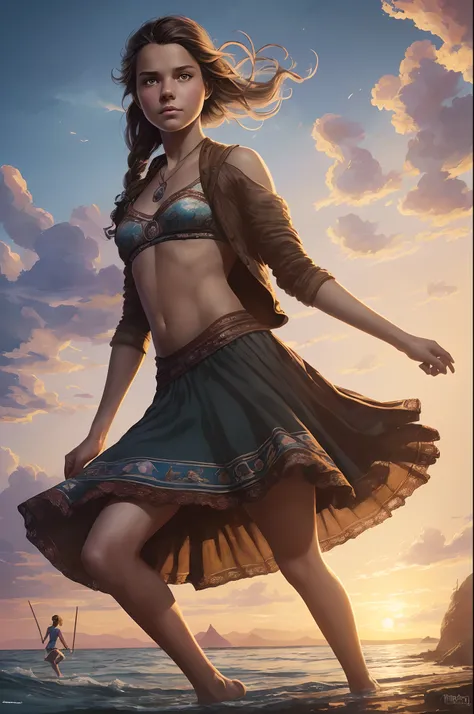 (Best Quality, tmasterpiece:1,1),young actress Astrid Berger-Frisbee,  ((illustration by Mandy Jurgens)), Robinson Crusoe, Beautiful sunset, improvisation,  Detailed Illustration, grotesque,  Complicated details, chilling, (aesthetics), excitement, Hyper-r...