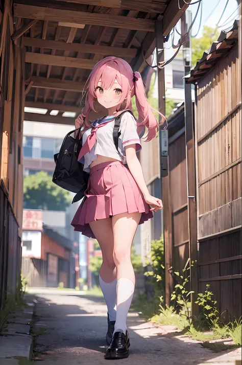 (8K, Raw photography, top-quality, ​masterpiece:1.2), 1girl in, 3 d, A pink-haired、Twin-tailed、The long-haired、posterior view、tucking up the skirt 、 lift skirt myself、Japan short-sleeved sailor suit、Asian, No bangs、 School route、Skirt lift、A smile、Turned、