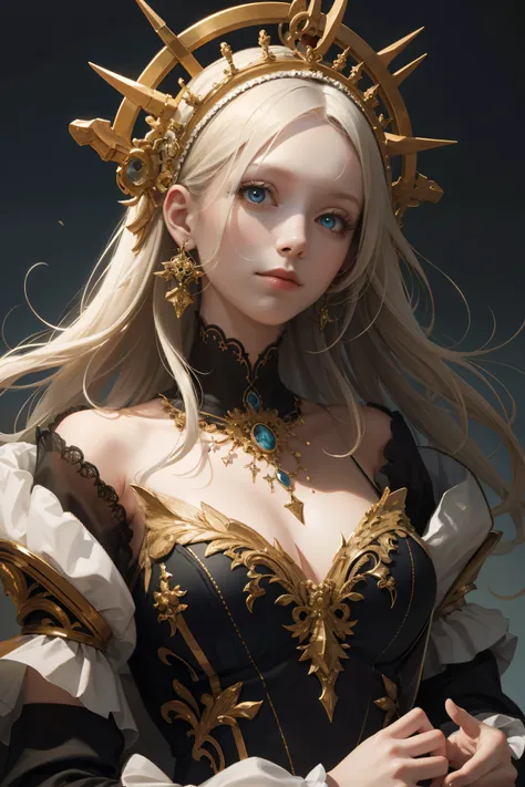 (absurderes, A high resolution, Ultra detailed), 1girll, Solo, mature, rococo, Long dress, longer sleeves, elegant, Colorful, highest details, Upper body, masterpiec, Majestic, Calm face, The head is slightly tilted, Colorful eyes, Long hair