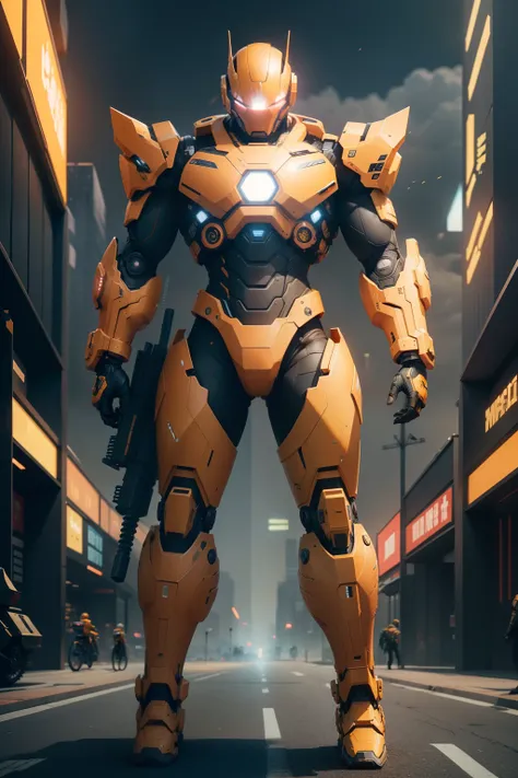 Android like a mix of gundan and marvel war machine in full yellow orange color, fullbody with a machine gun in his shoulder and cannon in the another shoulder,  at the futuristic city, hyperealistic, 8k, complex and real design