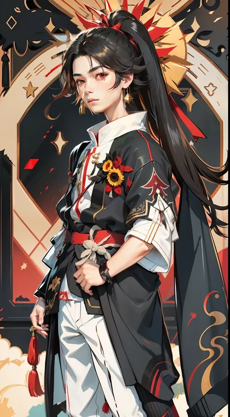 A boy with long black hair and a high ponytail，The left eye is golden，The right eye is red，There are four golden stars under the left eye，Hang red ribbon earrings on the right ear，Wearing red and black Hanfu，Stand in a field of sunflowers