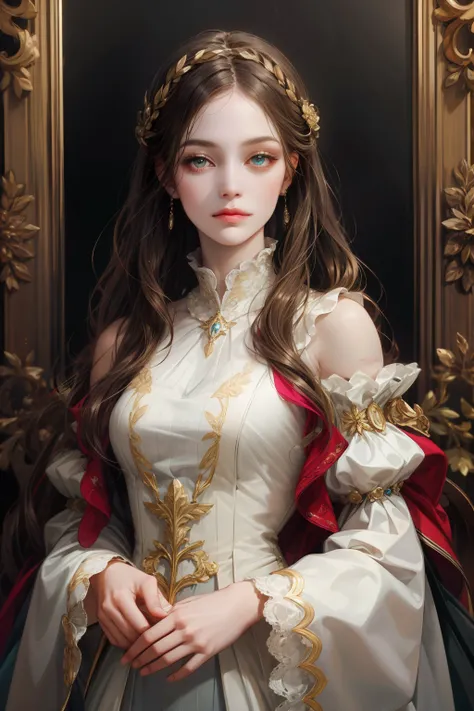 (absurderes, A high resolution, Ultra detailed), 1girll, Solo, mature, baroque, Long dress, longer sleeves, elegant, Colorful, highest details, Upper body, masterpiec, Majestic, Calm face,  The head is slightly tilted, Colorful eyes, Long hair