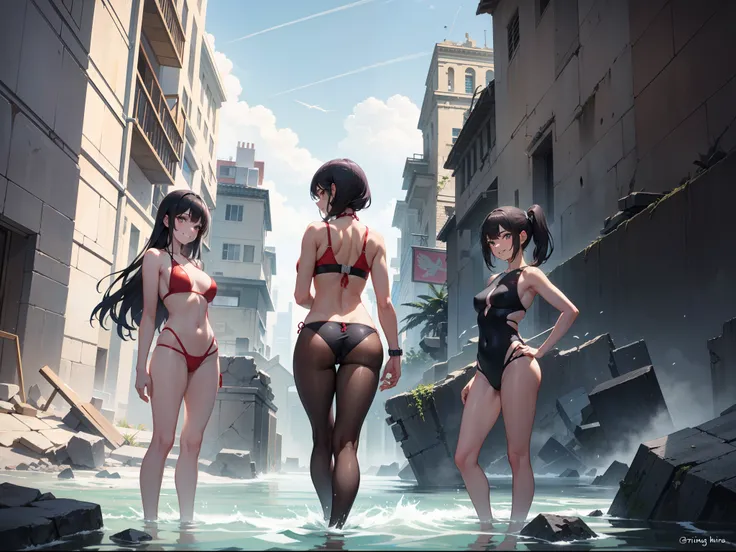 Three women in slingshot swimsuits, grin, arms behind back, looking at viewer, In the ruins, masterpiece, super detail, best quality