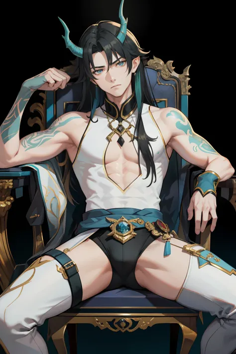 （absurderes，A high resolution，Hyper-detailing，hdr），Dragons horn，younge boy，tmasterpiece，best qualtiy，1人，独奏，Handsome，Golden eyes，Fine eyes and detailed face，toppless，Tattooed with，arma，seated on a throne，Indifferent and arrogant，Abs，chest muscle，Raised sexy...