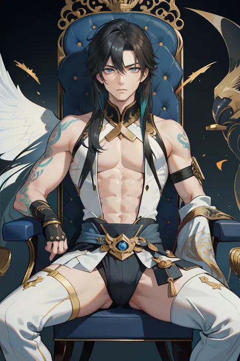 （absurderes，A high resolution，Hyper-detailing，hdr），younge boy，tmasterpiece，best qualtiy，1人，独奏，Handsome，Golden eyes，Fine eyes and detailed face，Tattooed with，arma，seated on a throne，Indifferent and arrogant，Abs，chest muscle，Raised sexy，Ruffian，Show your tem...