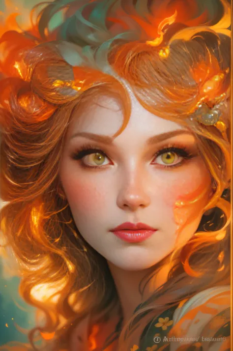 Gorgeous goddess of fire, (Float on fiery orange clouds); Perfect hair, perfect full lips, Delicate and perfect body, Her body was flawless, Amazing galactic garden, Background of flames, Floating on the clouds, Highly stylized features; (full bodyesbian),...