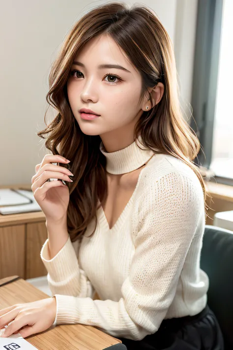 A Classy and Cute girl, {wearing a classy (white) knit sweater}, {(black) (long) ruffled skirt}, close the button, (wearing an employee ID card around the neck), 
Detailed eyes, symmetric eyes, Light Brown eyes, Double eyelids, Thin eyebrows, Glossy lips, ...