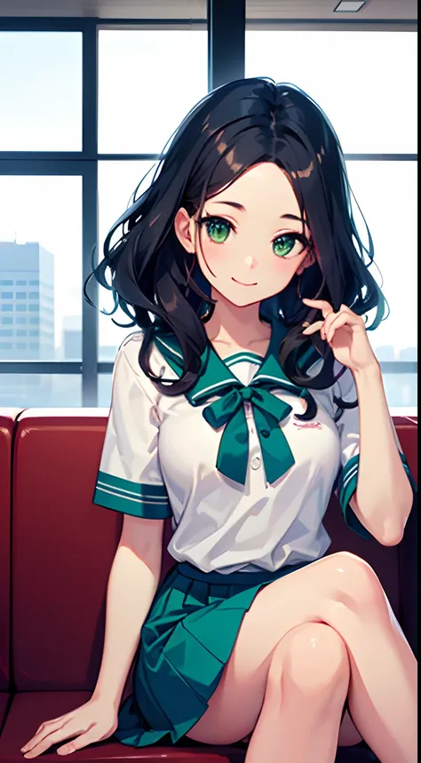 ((Best Quality)), (Ultra-detailed), ((Extremely detailed)), (Beautiful), ((Kawaii Girl)),Medium Hair,Forehead,Dark blue hair,(Wavy Hair),Green eyes,smock blouse,Mini skirt,regular breasts,Smile,Haneda Airport Lobby,Sitting,One Woman