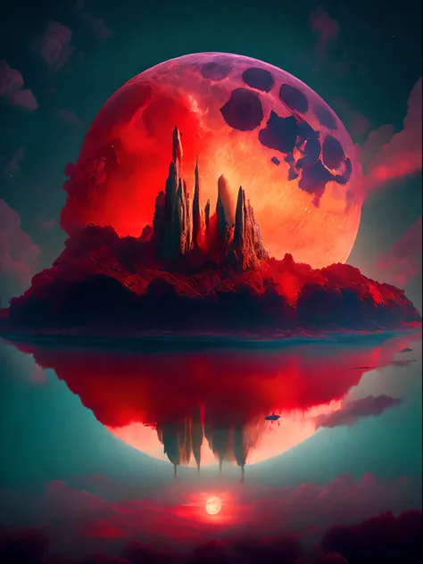 "Obra maestra surrealista. calidad excepcional. detalles sorprendentes. Surreal CG rendering of a dark red moon rising above a tranquil lake surrounded by red clouds, autoiluminado, Large area of clouds and fog in luminous tones, celestial lighting, Cosmic...