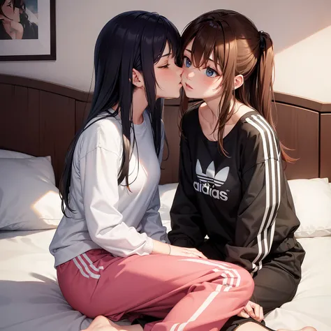 Two woman kissing in a bed, Adidas pants, anime