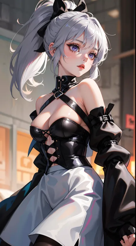 young girl, short gray hair, cat ears, high ponytail, violet eyes, Black leather tight top, white puffy sleeves, black skirt, pantyhouse, turquoise cloak, open breasts, Masterpiece, hiquality