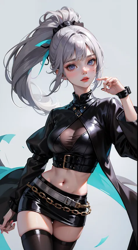 young girl, short gray hair, cat ears, high ponytail, violet eyes, Black leather tight top, white puffy sleeves, black skirt, pantyhouse, turquoise cloak, open breasts, Masterpiece, hiquality