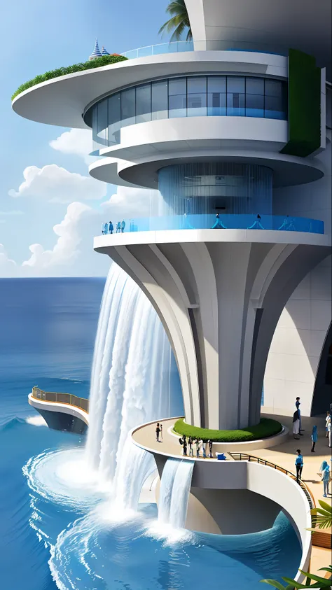 Modern futuristic design Large cliff house，There is an artificial waterfall and a swimming pool in the middle, Nature meets architecture, Built around the blue ocean, Realistic beehive architecture, organic architecture, very close to real nature, breath-t...