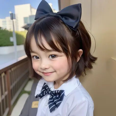 modern style、white backgrounid、children's id photo、cute little、smiling  girl、black eyes、shorth hair、a bow tie、clair、hightquality...