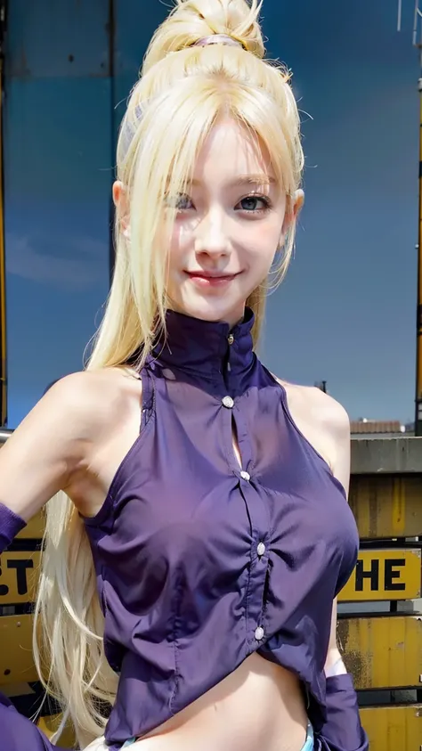 1girl, yamanaka ino, long hair, sexy dress, yellow hair, blue eyes, smile, beautiful, purple clothes, very big breast, sexy clothes, outdoor background, ultra detail, realistic