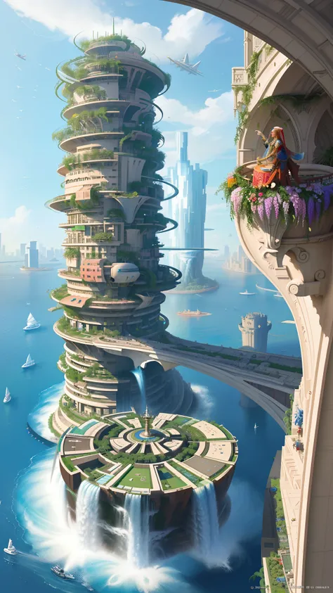 Aerial view, Stacked buildings on huge towers and rings，There are many arches and bridges and flowering terraces, colorful vegetation, Sci-fi futuristic architecture, Waterfalls, Many boats and boats, A matte painting by James Gurney, Trends on CGSOC...