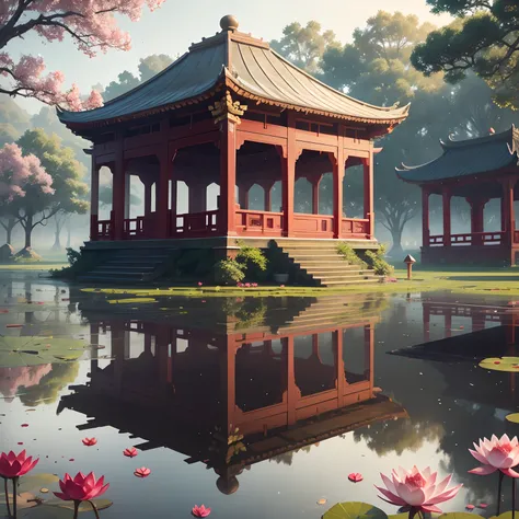 Ancient building red pavilion，Stand in a lotus pond after the rain，Petals with dewdrops sparkle，The blades are reversed，Lotus flowers compete with each other。k hd，8K，hyper-detailing，Big picture