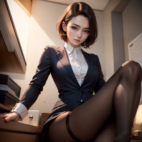 Italian woman、20yr old、Human skin feel、Realistic Woman、OL、Wear a suit、Stockings、ty、s Office、Solo Shot、short-cut、cool expression、Brown hair