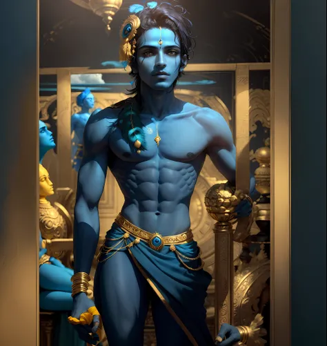 ((masterpiece, best quality)), male Krishna with skin all in blue tone, very beautiful, black and medium hair, a peacock feather on his head, thin, wearing yellow clothes, alone pleasant expression, in serious posture, facing the viewer, golden clouds and ...