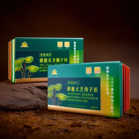 Very designed，（The ground background has Ganoderma lucidum：2）、The perspective is from top to bottom，The background is forest，Close-up of a stone sitting on the grass，Sunlight shines through the leaves，dramatic product shot, dramatic product photography, pr...