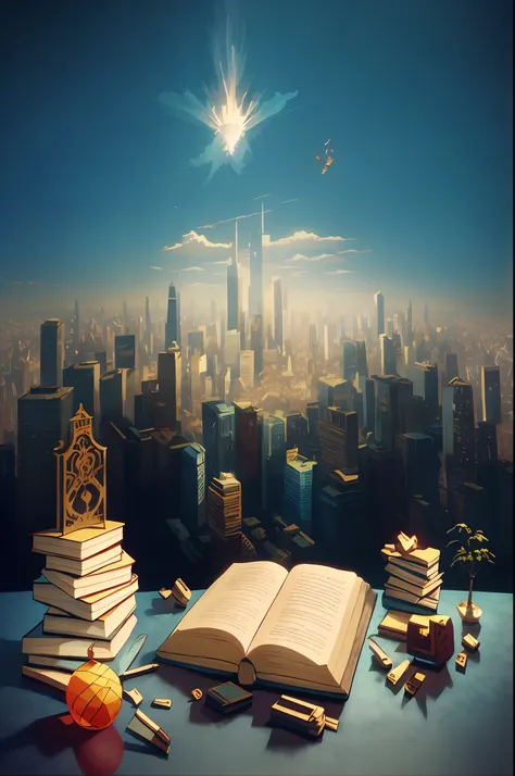 there was a book and a pencil on the table，the background is a city, surreal cityscape background, detailed book illustration, 3...