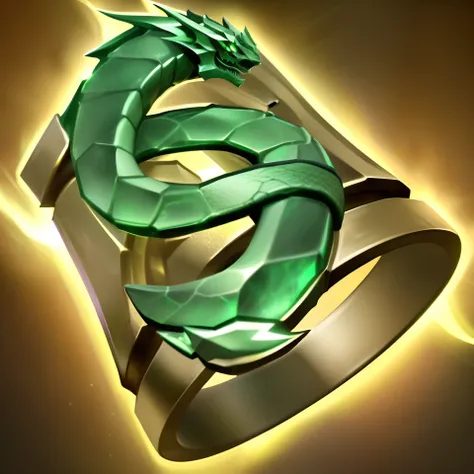 Close up of green dragon on ring on yellow background, ability image, Dragon staff, artifact dota2, pergaminhos, Bard, a druid, serpent, league of legends inventory item, heise jinyao, legendary item, Rogue bard, Akali, emerald herald, magic rune, arcane l...